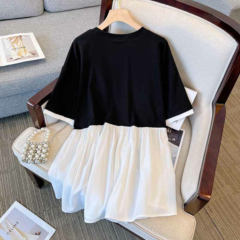 Camiseta longa feminina, blusa de emenda, contraste de cor preto e branco, tamanho grande, verão