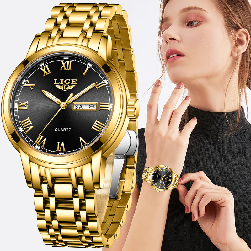 LIGE 2023 New Gold นาฬิกาสตรีสุภาพสตรีสร้างสรรค์เหล็กสร้อยข้อมือสตรีนาฬิกาผู้หญิงนาฬิกากันน้ำ Relogio Feminino
