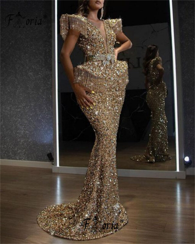 Gaun malam berkilau berpayet kristal cantik manik-manik buatan tangan penuh gaun pesta pernikahan leher V Dubai gaun pesta Bling emas