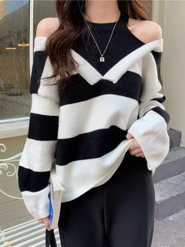 Korean Fashion Women Sweater Design Halter Pullover Fake Two Piece Striped Kawaii Woman Jumper  Autumn Winter Knitted Sweater