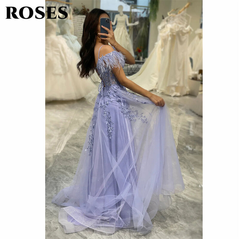 ROSES Sparkly Lilac Evening Dress Off The Shoulder Tulle 프롬드레스 Spaghetti Straps Prom Dress With Appliques Feathers Party Dress
