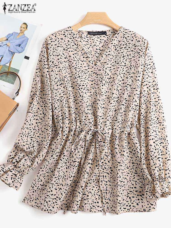 ZANZEA-Blusa estampada floral boêmia para mulheres, tops com gola V, manga longa, camisa casual de babados, feriado vintage, extragrande, outono