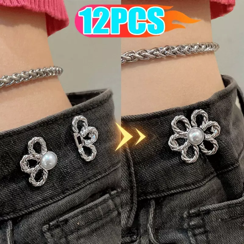 2-12PCS Reusable Metal Buttons Pearl Flower Snap Fastener Pants Pin Retractable Button Sewing Buckles for Jeans Fit Reduce Waist
