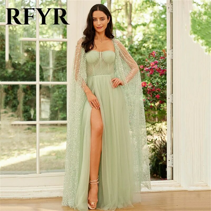 RFYR-vestido de noche verde brillante con abertura lateral alta, traje de fiesta, chaqueta de graduación, escote Corazón, tul