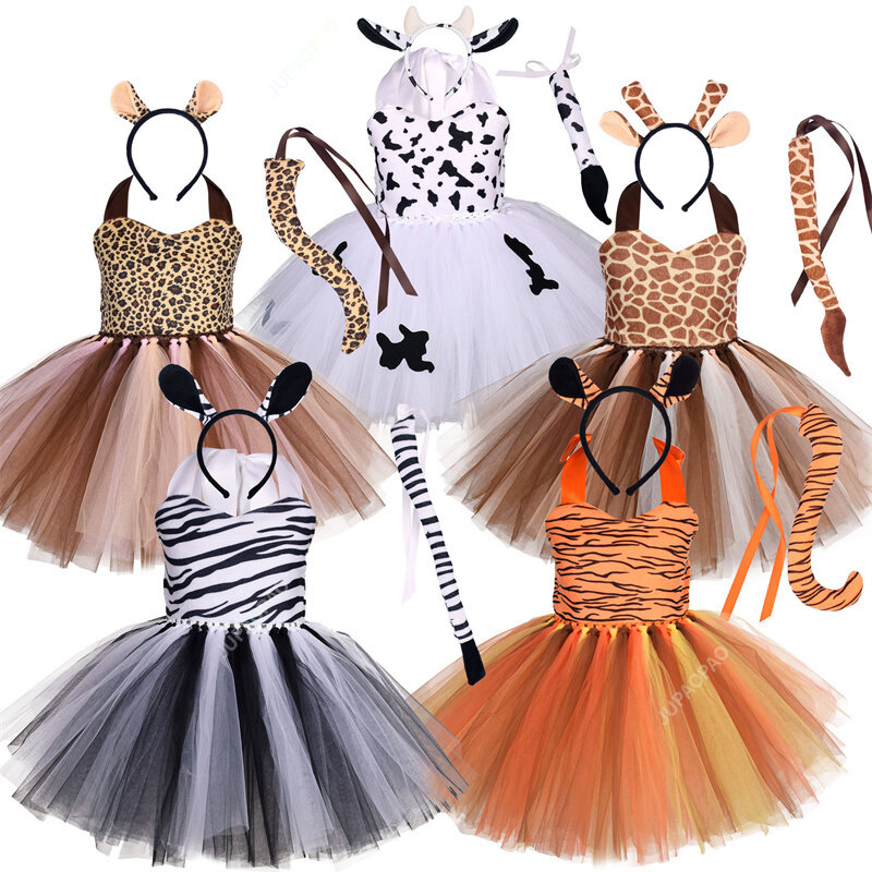 Halloween Cosplay para crianças, tema da floresta, girafa, vacas, tigre, leopardo, estampa de zebra, vestido tutu para bebês, festa de aniversário