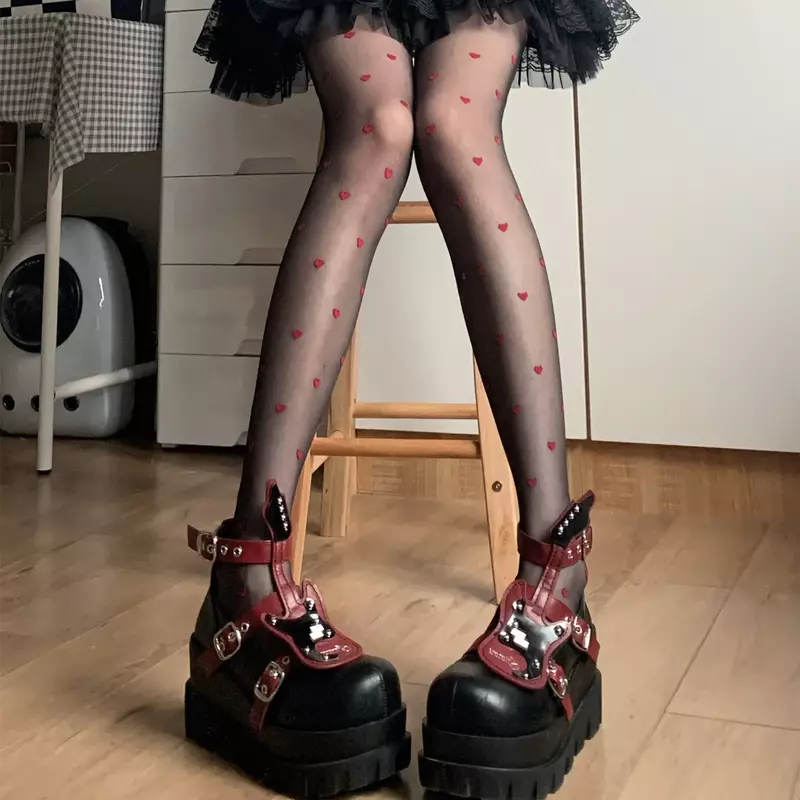 Женские длинные колготки JK Lolita для девочек до бедра чулки в японском стиле с принтом сердечек тонкие нейлоновые колготки чулки