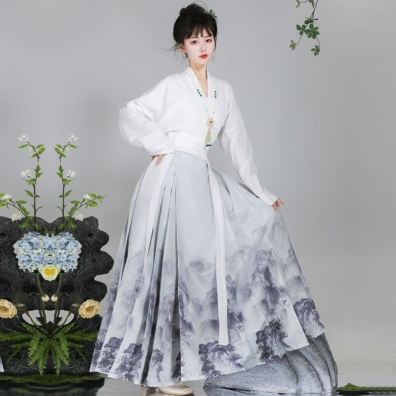 Женская юбка с рисунком лица лошади, длинная юбка со шнуровкой, комплект из 2 предметов, династия Мин, костюм для косплея для представлений и танцев