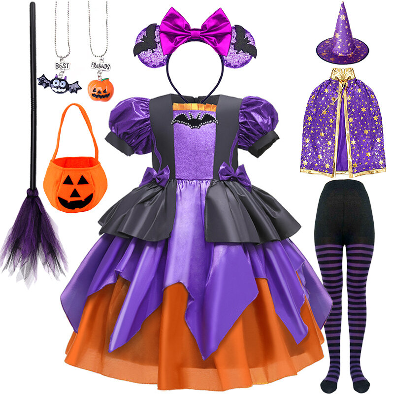 Halloween Heksenjurk Voor Meisjes Cosplay Bat Vampier Ghost Maskerade Podium Voorstelling Kostuum + Bezem Pompoen Tas Panty Hoed