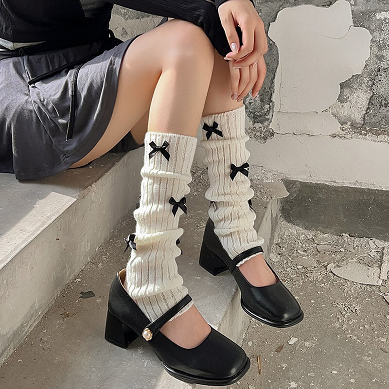 Calentadores de piernas de punto Y2K para mujer, calentadores de pierna Harajuku Lolita, decoración de lazo, calcetines largos de Color sólido, ropa de calle Grunge Vintage para invierno