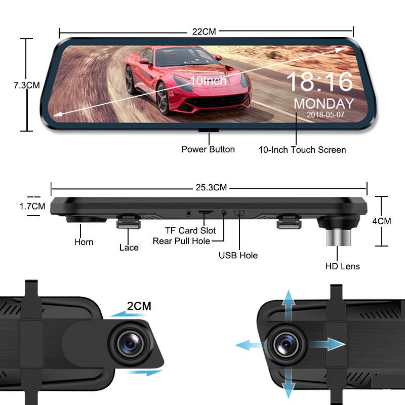 Kamera na lusterko do samochodowego ekranu dotykowego wideo rejestrator na lusterko wsteczne kamera na deskę rozdzielczą przednia i tylna kamera lustro DVR czarna skrzynka