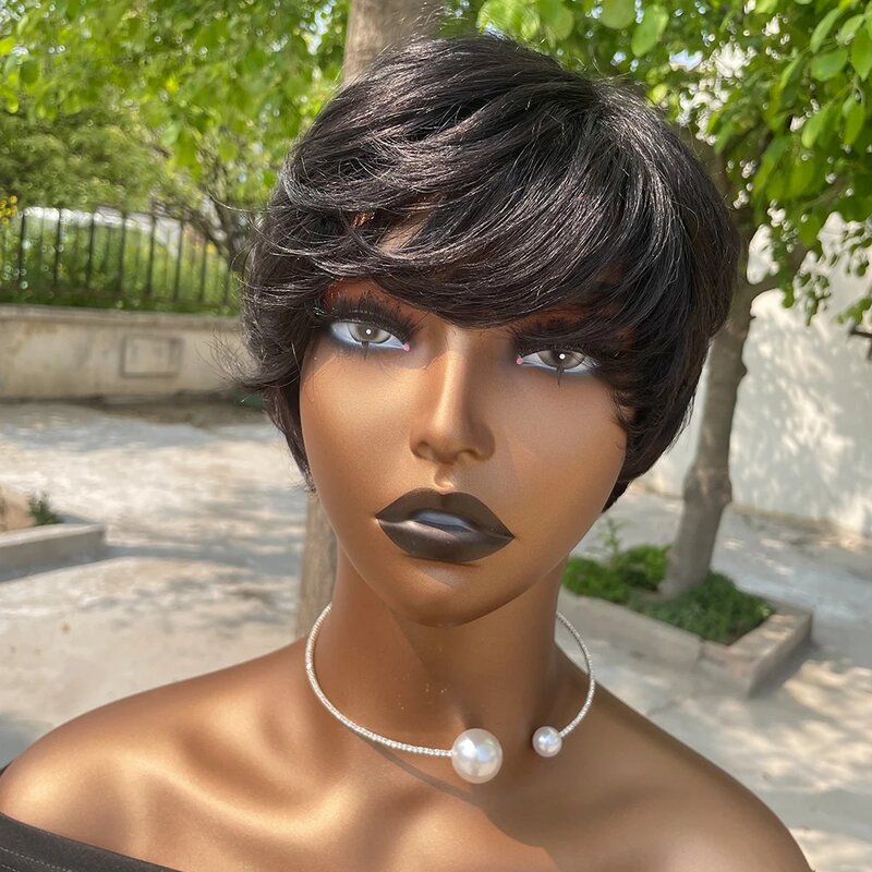 Pixie Cut Wig for Black Women Full Machine Water Wave Wigs Peruvian Short Curly Bouncy Human Hair Wigs