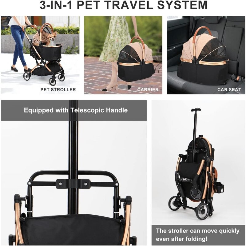 Składany wózek dla zwierzęcia 3 w 1 dla małych średnich psów kotów, bez zamka błyskawicznego z odpinanym bagażnikiem, przyciskiem, luksusowym wózkiem dla zwierząt