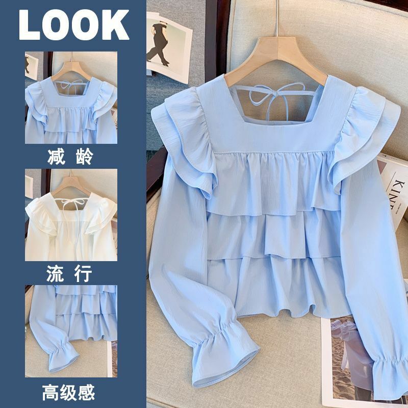 Camisa de manga comprida com babados com gola quadrada feminina, design artístico coreano, top elegante e versátil, novo, outono, 2023