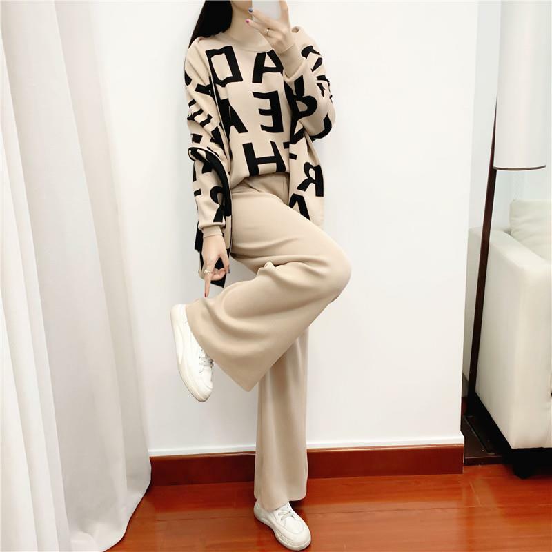 Winter Thick Knitted Two Pieces Set Women Warm Round Collar Pullover Sweater+Wide Leg Pants  Letter Print Sweater Suit T12