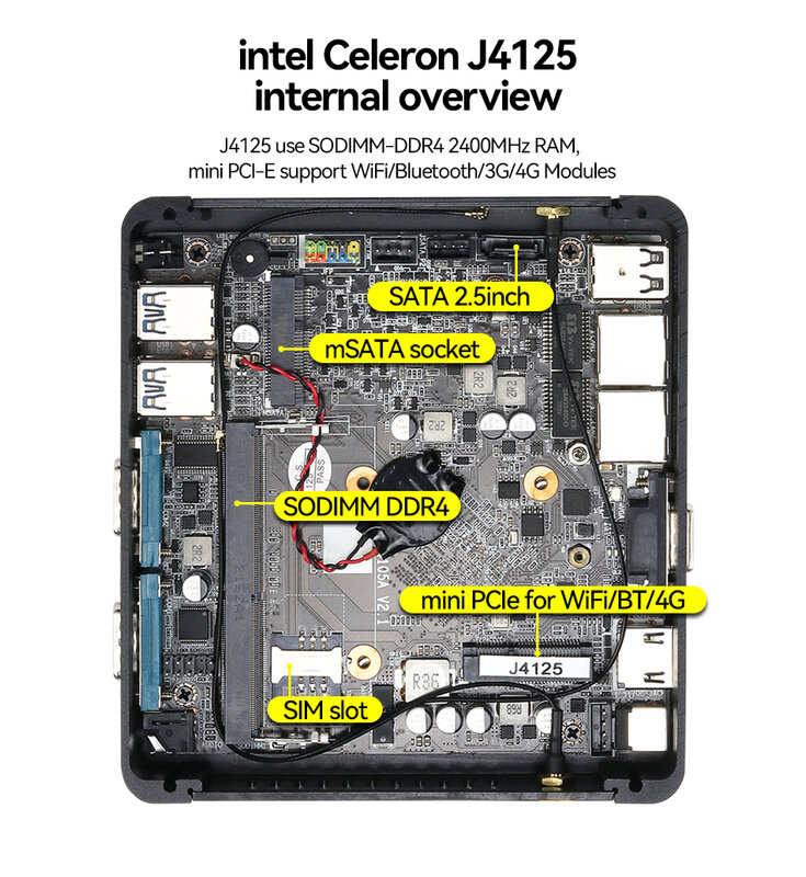 Mini komputer Intel Celeron J4125 2x Gigabit LAN 2x RS232 HDMI VGA Mini PCIE WiFi/4G 4x obsługa USB Windows Linux