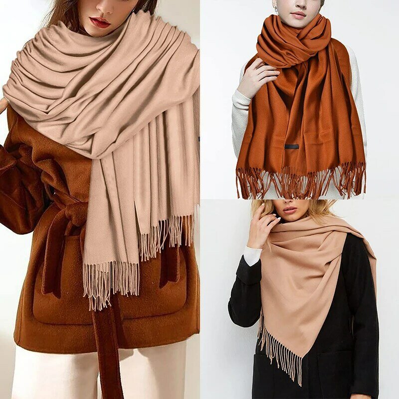 Women Solid Color Cashmere Scarf Large Thicken Warm Shawl Wrap Fringe Tassels 2024 New Poncho Ladies Cape Cloak 200*70cm