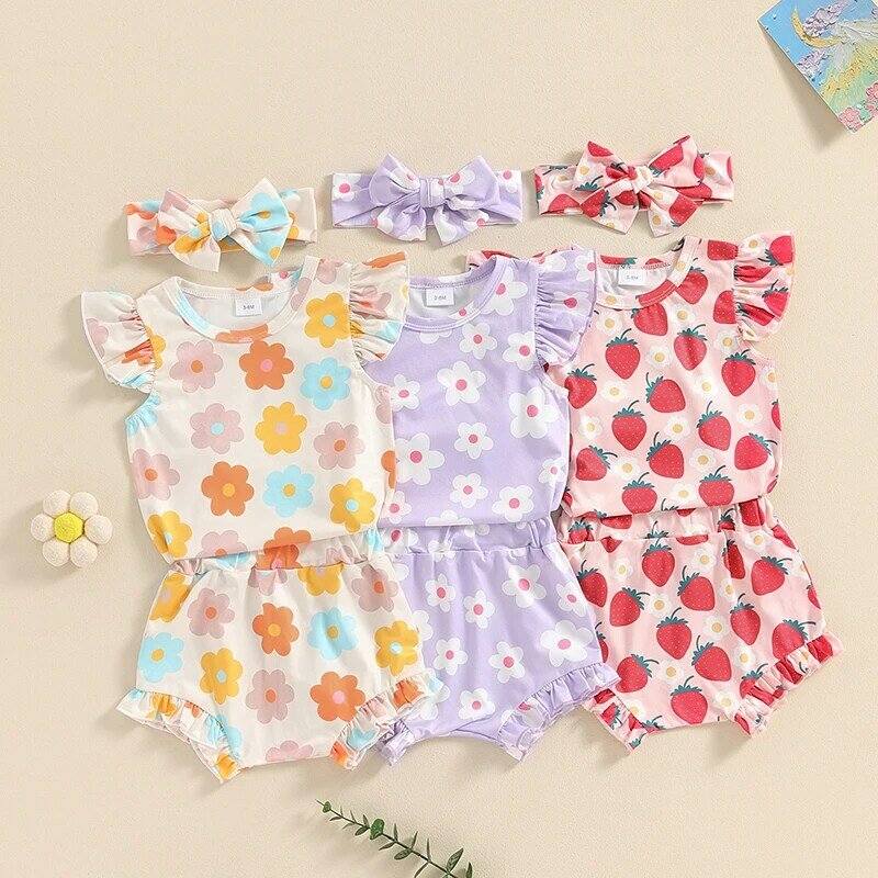 2024-03-25 Lioraitiin летние комплекты одежды для маленьких девочек 0-6 м летающие рукава клубника/цветочный принт комбинезон шорты