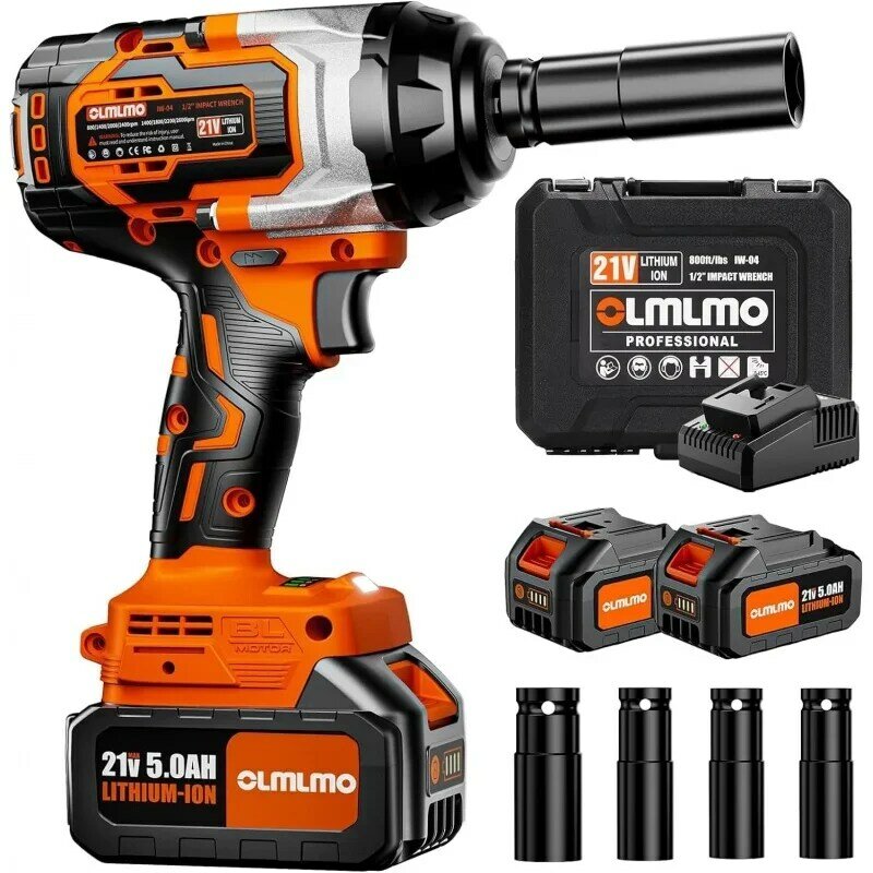 olmlmo Cordless Impact Wrench 1/2 Inch,Brushless Max 800Ft-lbs High Torque Impact Gun w/ 2 x 5000mAh Batteries,3 Variable Speed