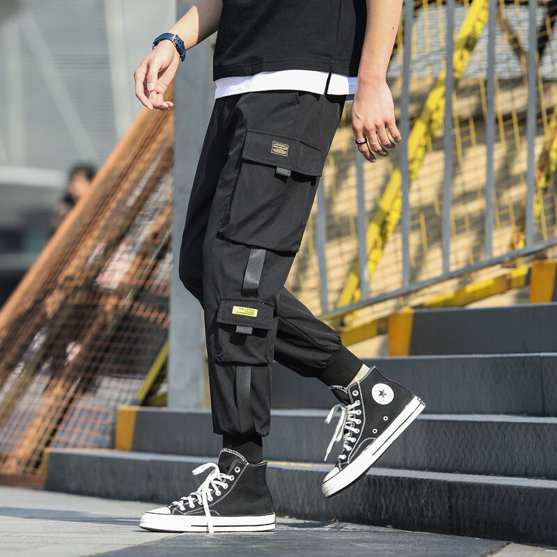 Брюки-карго мужские с лентами, уличная одежда, свободные модные штаны для бега в стиле хип-хоп, штаны для отдыха и бега, брюки-султанки