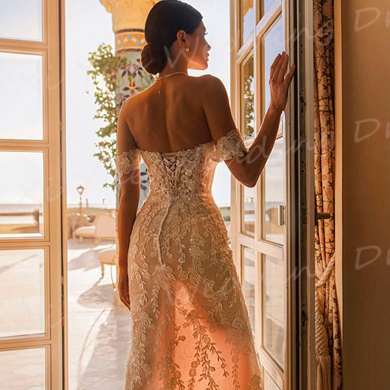 2024 모던한 아름다운 연인 인어 웨딩 드레스, 백리스 오프 숄더 신부 가운, 분리형 기차 레이스 아플리케