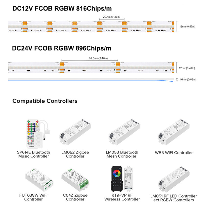 FCOB RGBW LED قطاع ضوء 5pin 12 مللي متر DC12V 816 DC24V 896 LED مرنة فوب COB RGBWW أضواء عالية الكثافة RA90 الخطي عكس الضوء 16 واط