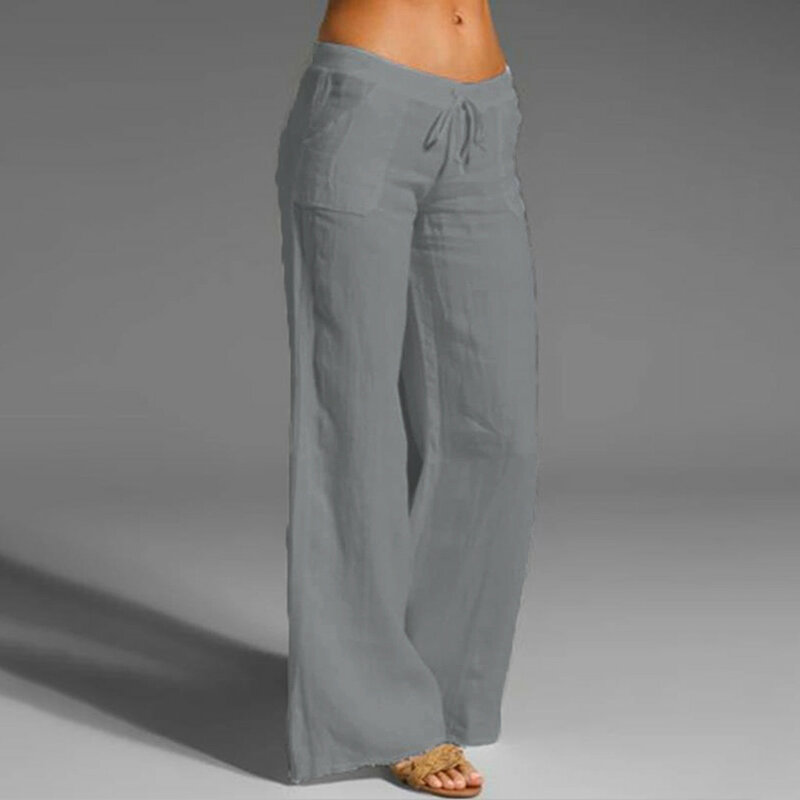 Damska elastyczna talia bawełniana pościel jednokolorowe spodnie szerokie nogawki luźne spodnie jogi damskie Retro proste nogawki spodnie ze sznurkiem