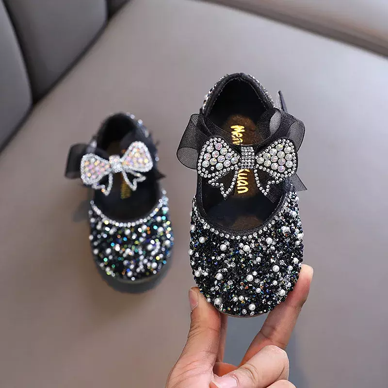 New Children's Sequined Leather Shoes Girls Princess Rhinestone Bowknot Single Shoes Fashion Baby Kids Wedding Shoes