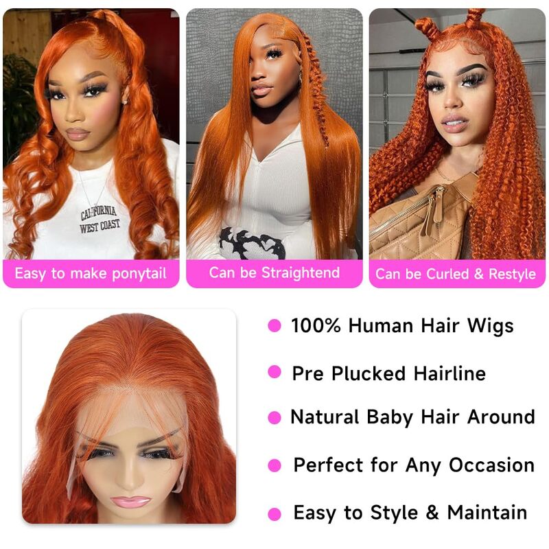 さまざまな色の女性のためのオレンジ色のボディウェーブレースウィッグ、HDレースキャップ人間の髪の毛のかつら、カラフル、接着剤なし、13x6、13x4、30インチ