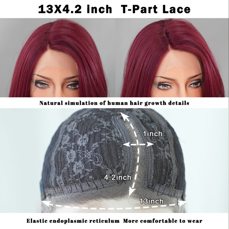 Peruca de cabelo vermelho vinho liso sintético para mulheres, uso do partido, divisão lateral, peruca pré arrancada HD, alta densidade, comprimento do ombro