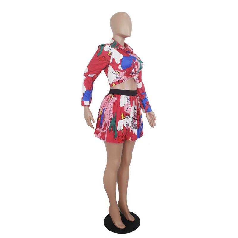 women fashion cartoon print skirt suit long sleeve sexy 2 pieces outfits for women set outfits DD9155