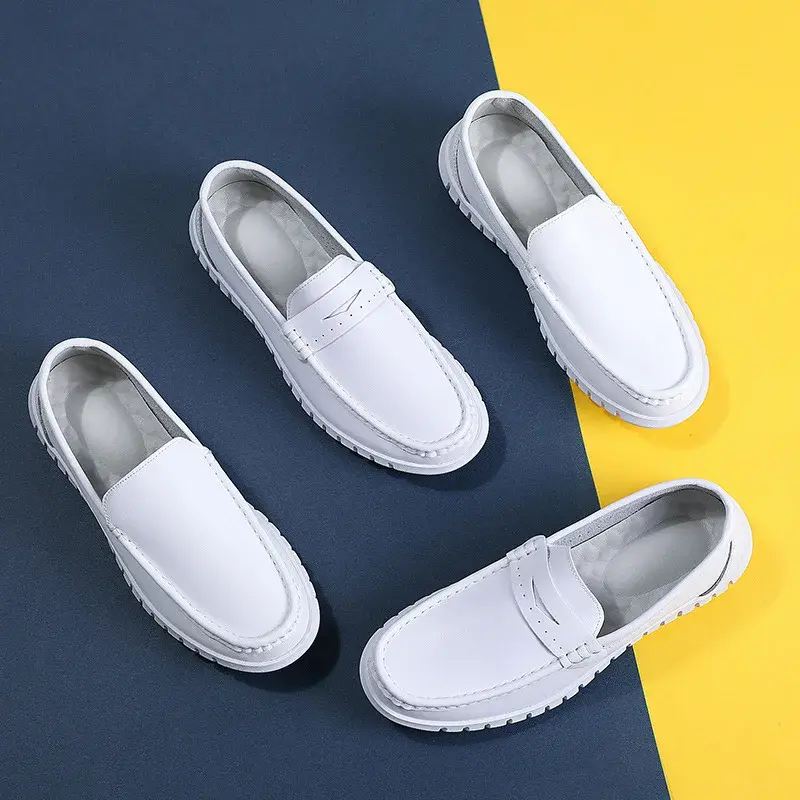 Nurse Shoes Men's Flat White Breathable Doctor Soft Bottom Hospital Leather One Pedal White Shoes Loafers