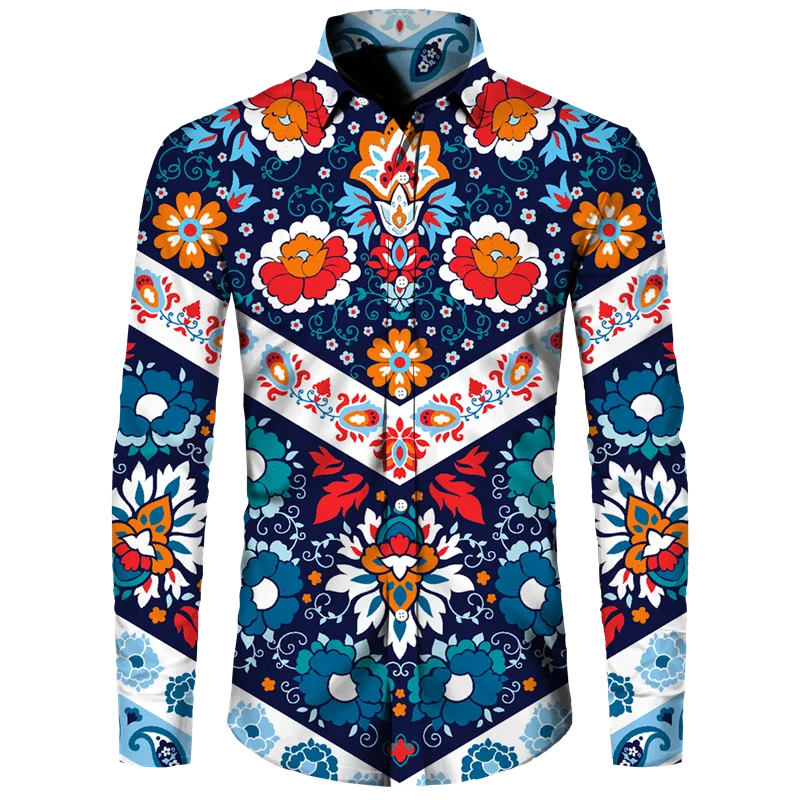 Chemise à manches longues pour hommes avec impression 3D de fleurs, haut boutonné à revers, vêtements confortables, styles de fête, mode 2024