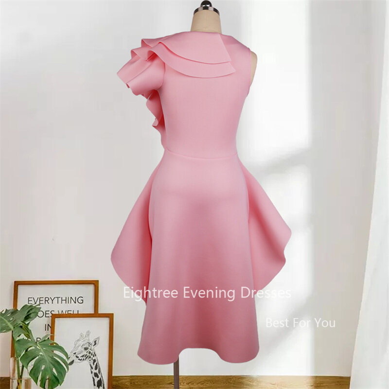 Eightree Vintage różowe sukienki imprezowe z długimi rękawami skromne falbany do kolan z okrągłym dekoltem matowa satyna na wieczorny bal formalne suknie