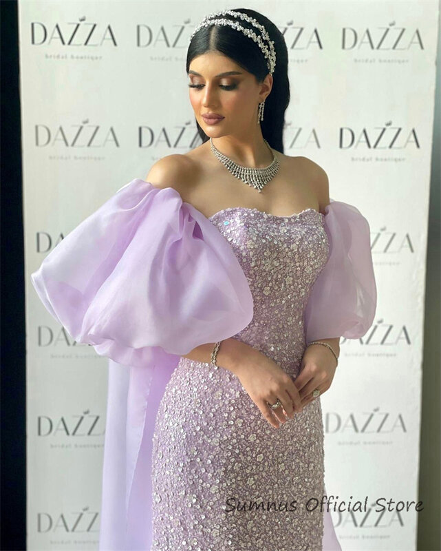 SUMNUS fioletowa cekinowa sukienka imprezowa seksowna bez ramiączek krótki bufiasty rękaw sukienki do podłogi wieczór weselny suknie dla kobiet