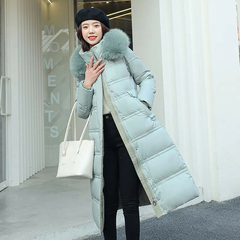 Chapéu destacável moda quente de alta qualidade casaco parka inverno feminino novo longo na altura do joelho cor contraste algodão-acolchoado jaqueta