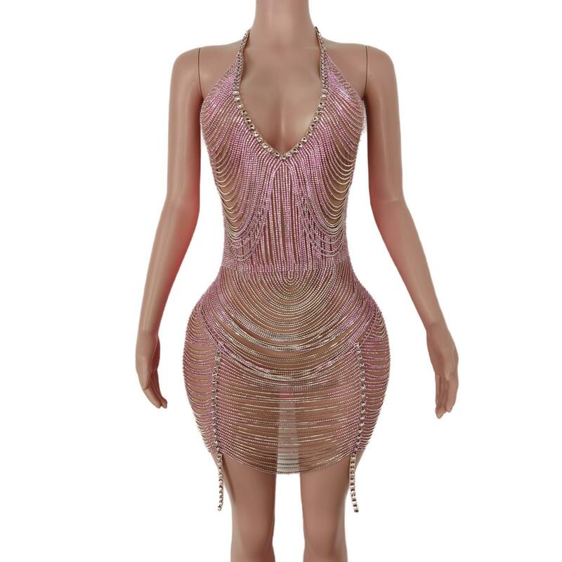 Mini robe de soirée pour femmes, nouvelle collection été 2023, Sexy, décolleté en V profond, diamants roses, Club, Sexy, robes de Bar