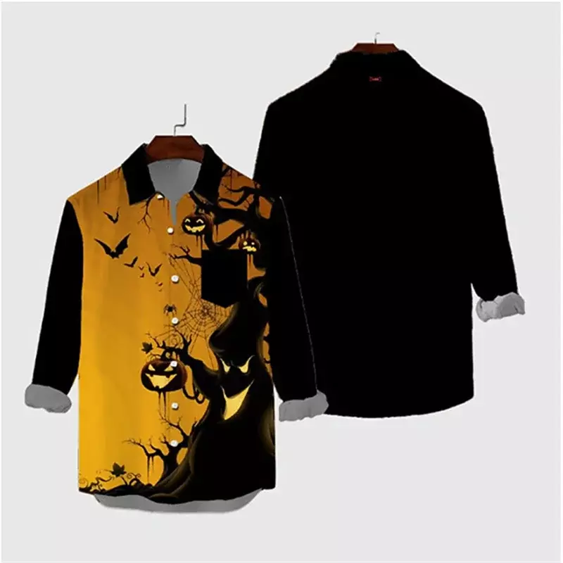 Camiseta masculina gravata caveira de Halloween, blusa de botão vintage abóbora, camisa macia e confortável, presente da moda, novo, 2023