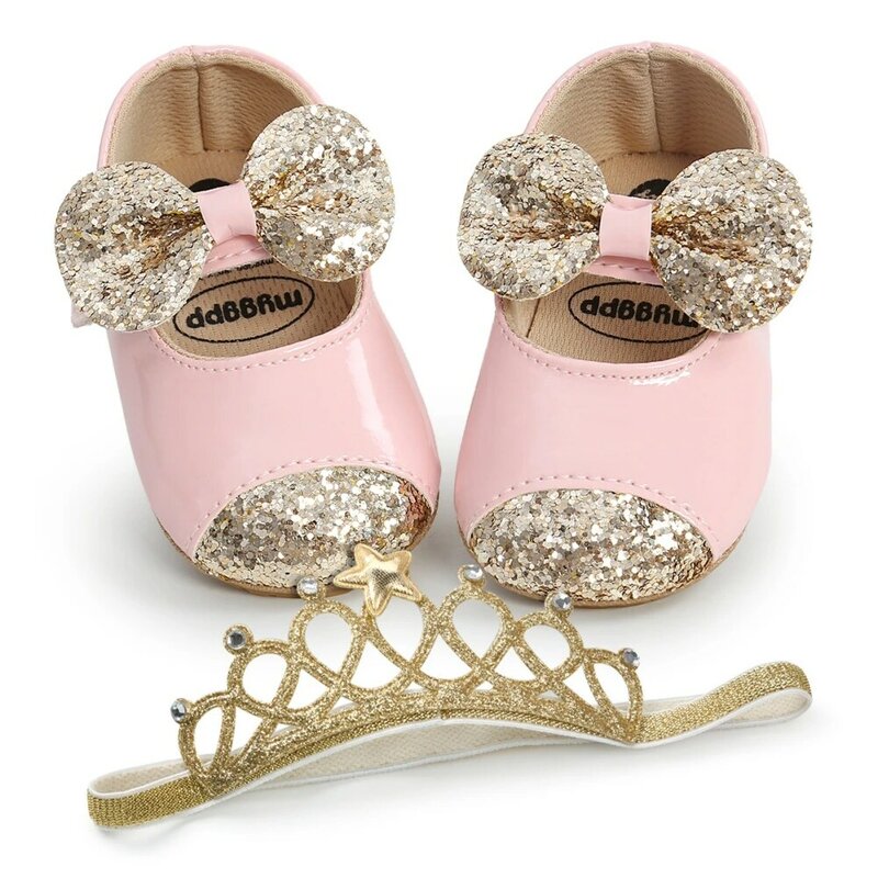 Baywell Baby Girl Shoes + Hair Band Infant Toddler Fashion PU Sequins Bowknot Non-slip Princess First Walker Baptism Shoes