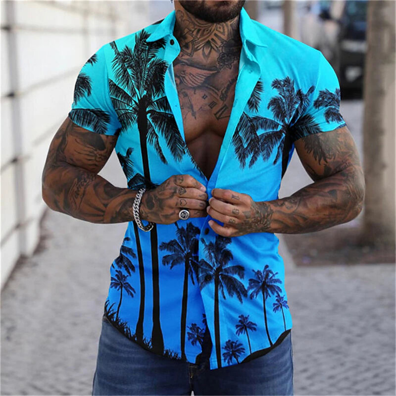 남성용 코코넛 나무 반팔 플립 칼라 단추 셔츠, 3D 인쇄, 캐주얼 하이 퀄리티, 휴양지 디자이너 의류, 패션