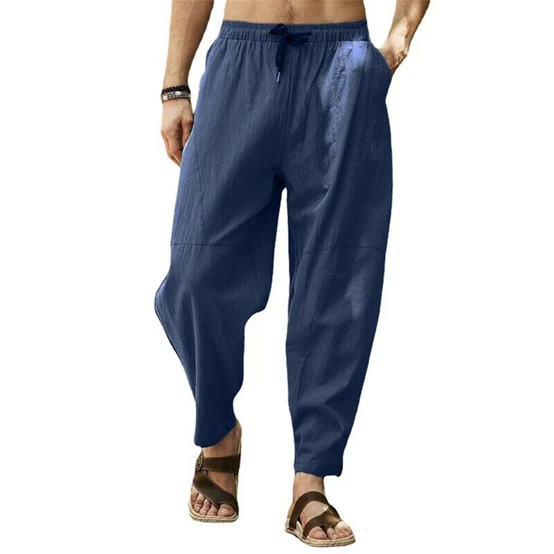 Men's Pure Cotton Casual Pants Solid Color Elastic Waist Drawstring Loose Straight Wide-leg Pants Business Casual Pants L-5XL