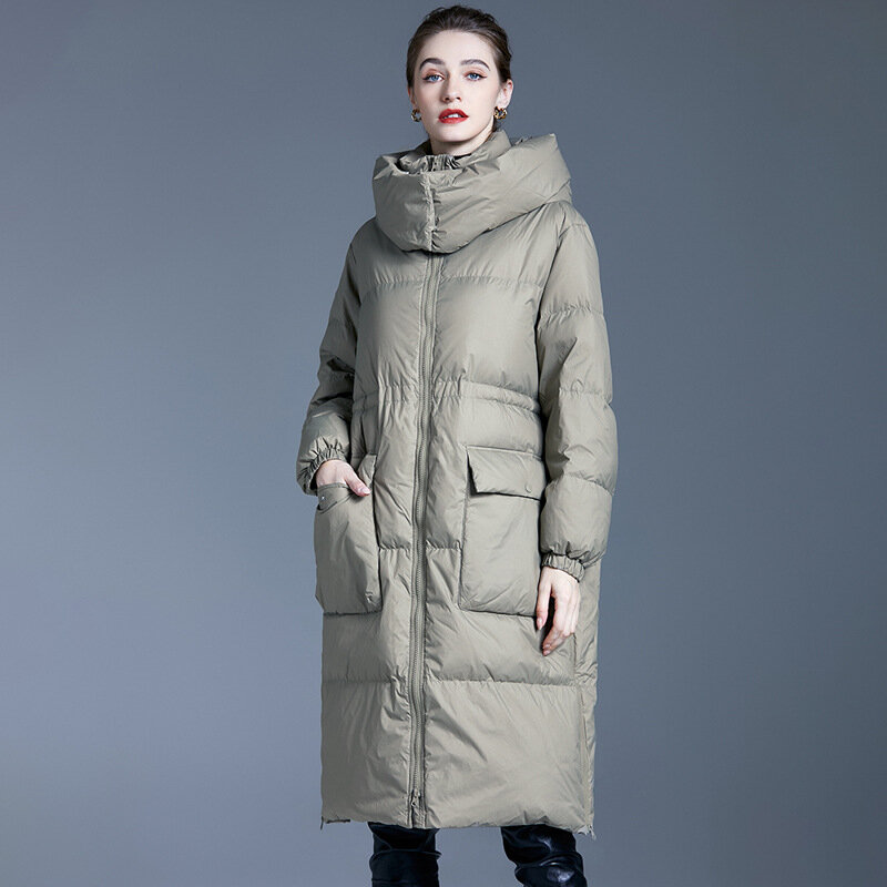 Manteau long en duvet de canard blanc pour femme, vêtements d'hiver décontractés, genou épaissi, chapeau amovible, nouveau, 2023