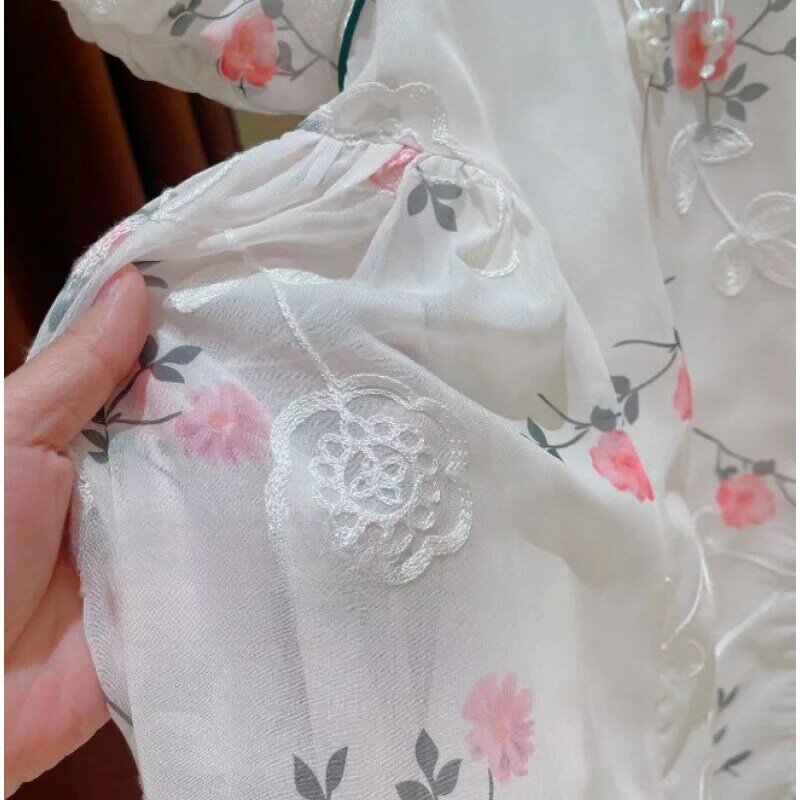 Nuovo prodotto per ragazze 2024summer vestito floreale Vintage con colletto alla coreana in stile nazionale per bambini-WSNY
