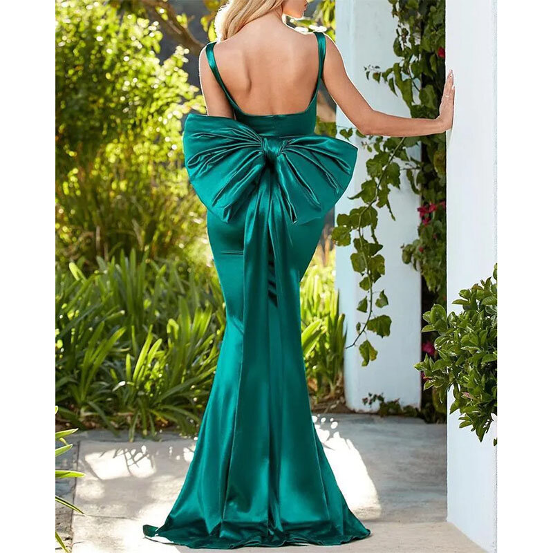 Sexy Backless Mermaid Evening Dresses 2024 Big Bow Back Straps Simple Satin Long Prom Dress Women Special Occasion