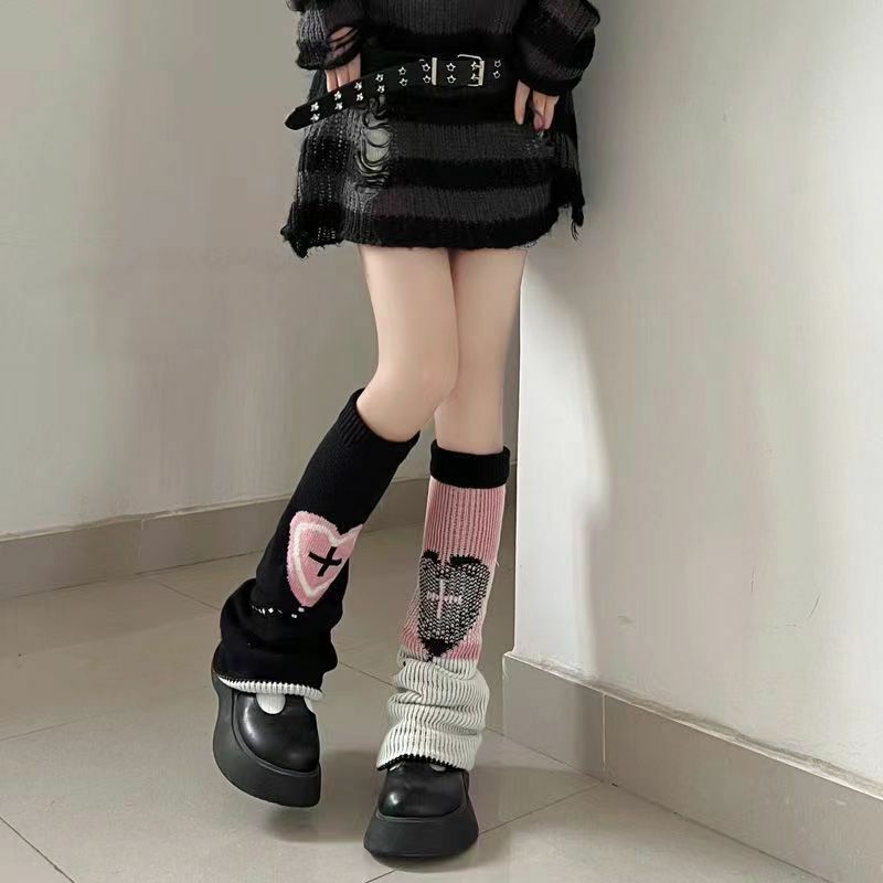 Женские теплые носки в стиле Харадзюку, теплые вязаные гетры свободного покроя с сердечками, милые носки до колена до щиколотки, Y2K, аксессуары