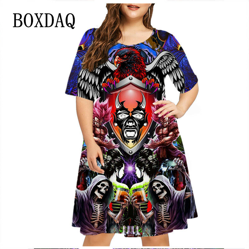 3D Skull Print Dress Casual Short Sleeve Halloween Women Street Dresses Summer Fashion Hip Hop Dress Design Plus Size Clothing
