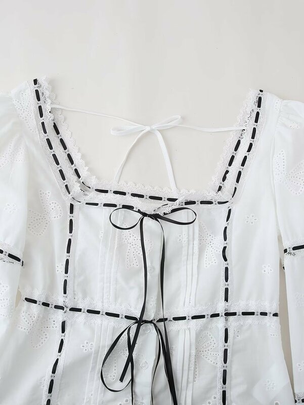 Women 2024 New Fashion Vintage Bow lace embroidery Female  Chic Tops