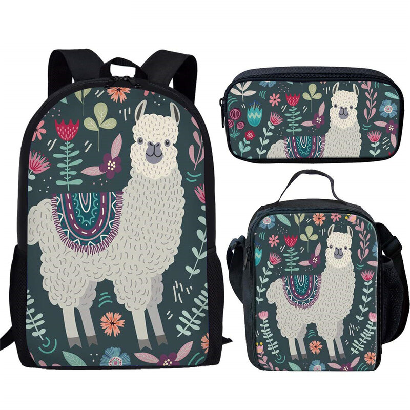 Belidome Funny Alpaca Design 3Pcs School Bags Set for Teen Boys Girls Schoolbag Backpack for Student Bookbag Mochila Infantil