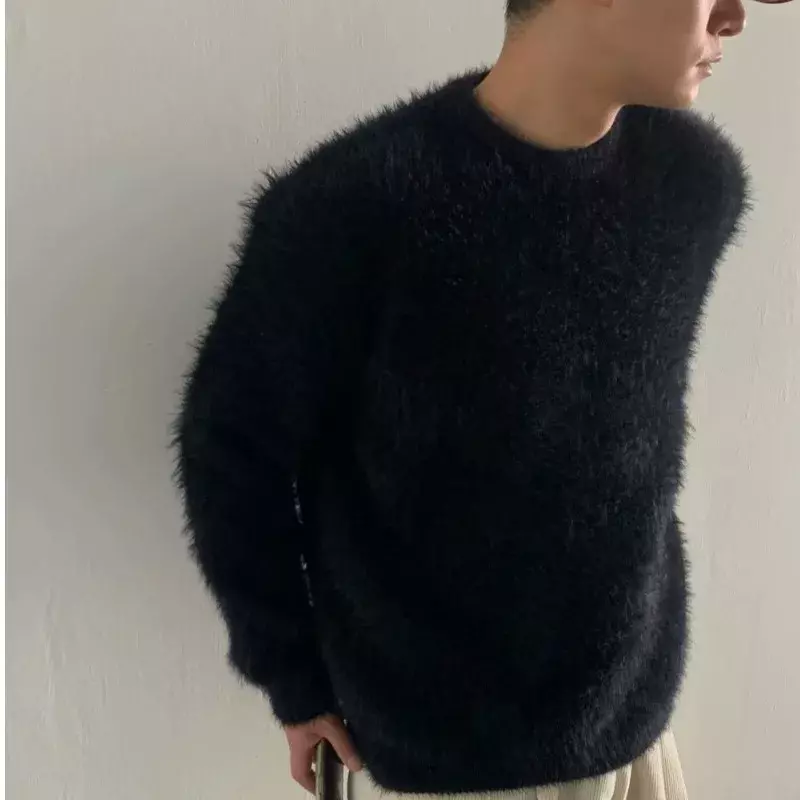HOUZHOU moherowe swetry męskie koreańskie grube ciepłe dziewiarskie jesienno-zimowe luźne swetry z długim rękawem polar Streetwear
