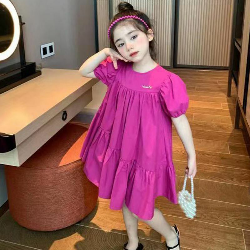 Dzieci dziewczynki słodka księżniczka sukienka prosta bufiaste rękawy jednolity kolor dziewczyny moda oddychające sukienki odzież