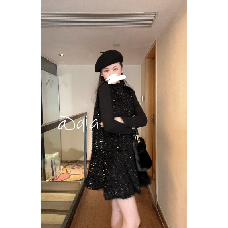 Tassel Sequin Plush Vest Dress+matte Thickened High Neck Base Sweater Long Sleeved T-shirt Two-piece Set Female Clothing